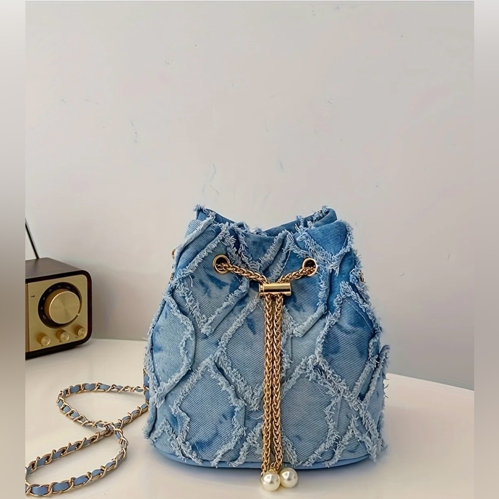 Capir Blue Boutique Pearl Denim Drawstring Bucket Bag - Picture 3 of 6